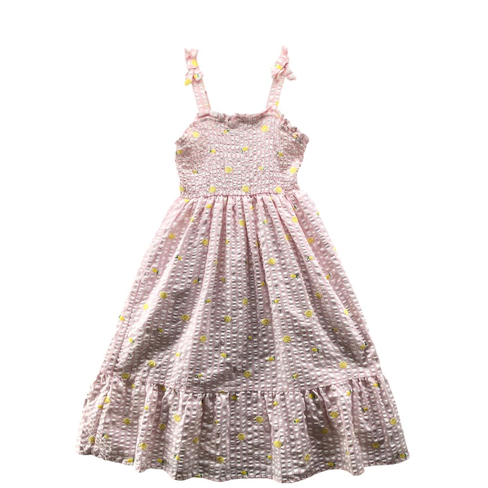 Btween Girls Size 12 Smocked Seersucker Maxi Dress Pink Gingham Lemon Pineapple